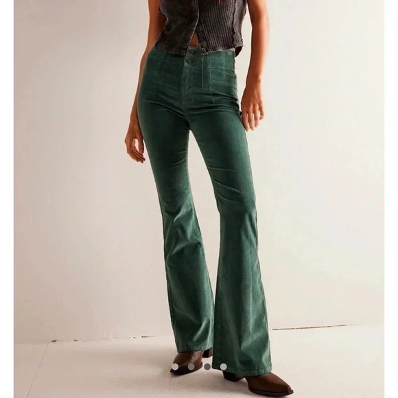 NWT Free People We The Free Jayde Cord Flare Jeans Denim High Rise Kelp Green - Picture 1 of 10